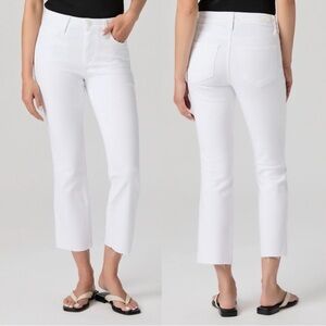 PAIGE Cindy Crop High Rise Straight Crop Raw Hem Jeans Size 32 Crisp White